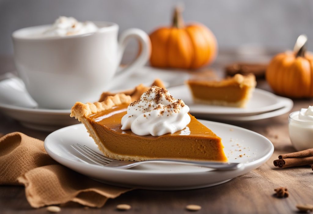 A slice of freshly baked vegan pumpkin pie with a frothy latte ready to serve.