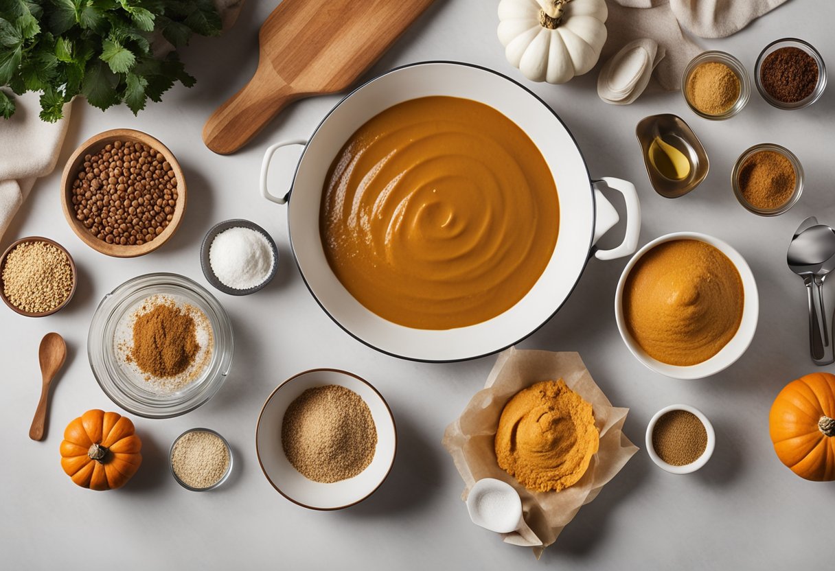 The ingredients of vegan pumpkin pie laid out in dishes in preparation for baking.
